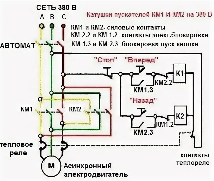 Подключение трехфазного двигателя с реверсом Реверсивная схема подключения электродвигателя 380 через пускатель и кнопку Элек