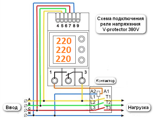 Подключение трехфазного реле контроля напряжения Реле контроля напряжения VP-380V