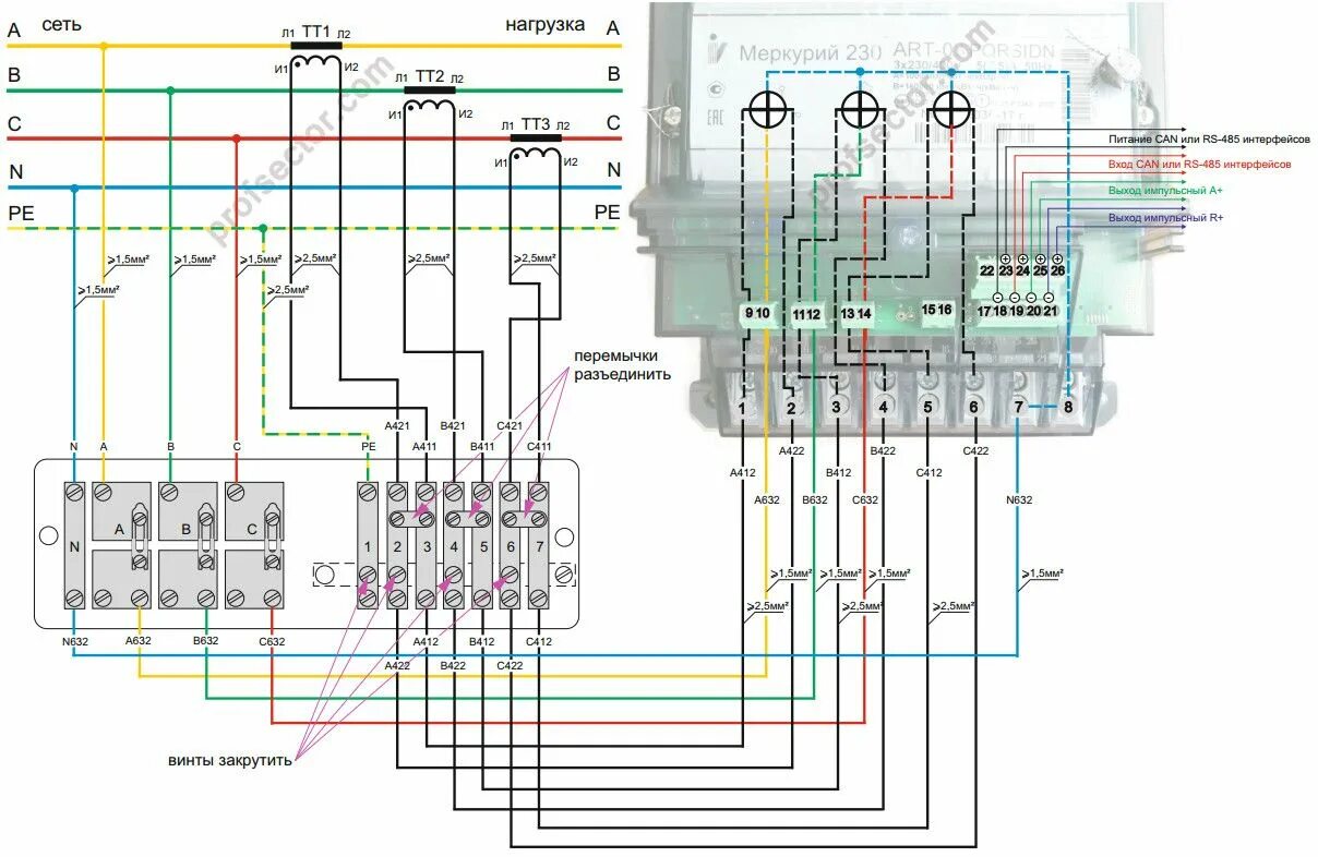 Подключение трехфазного счетчика через тн и тт Схема подключения счетчика через коробку испытательную Трансформатор тока, Элект