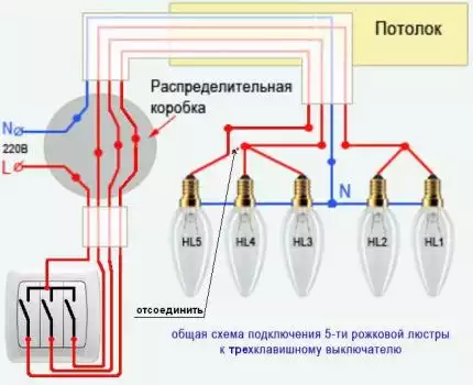 Подключение трехклавишного блока Подключение люстры на 18 ламп!