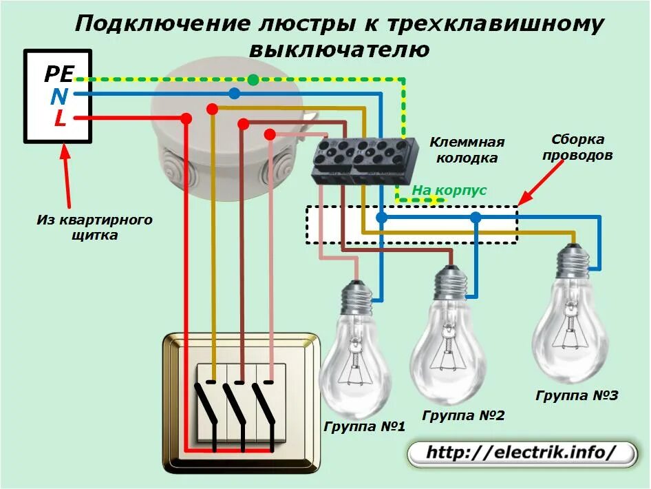 Подключение трехклавишного блока Как подключить люстру к выключателю " Электрик Инфо