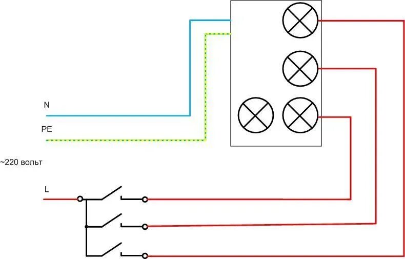 Подключение трехклавишного с розеткой схема Схема подключения тройного выключателя для установки и управления 3 лампочками -