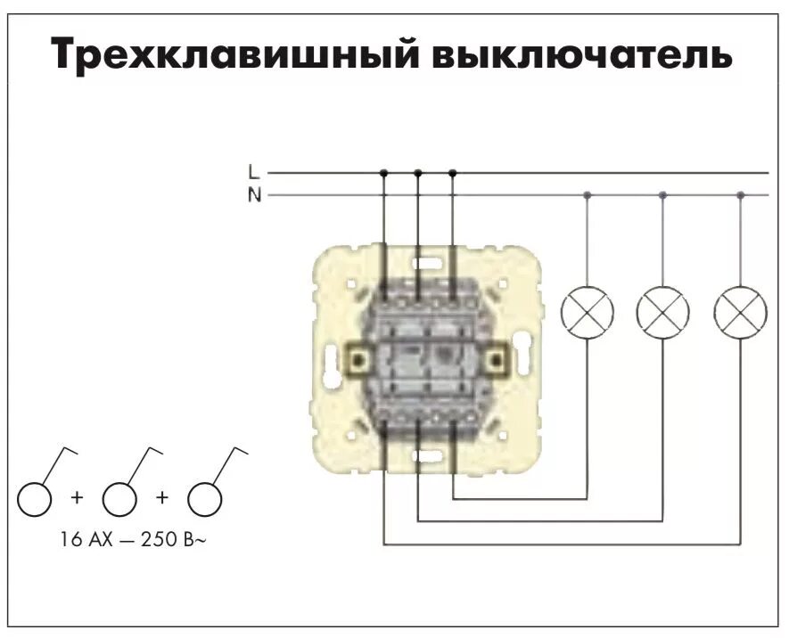 Подключение трехклавишного выключателя света Схема трехклавишного выключателя фото, видео - 38rosta.ru