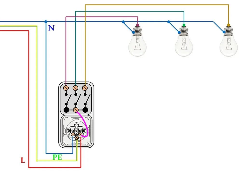 Подключение трехклавишного выключателя света схема Как правильно подключить трехклавишный выключатель с розеткой: инструкция, видео