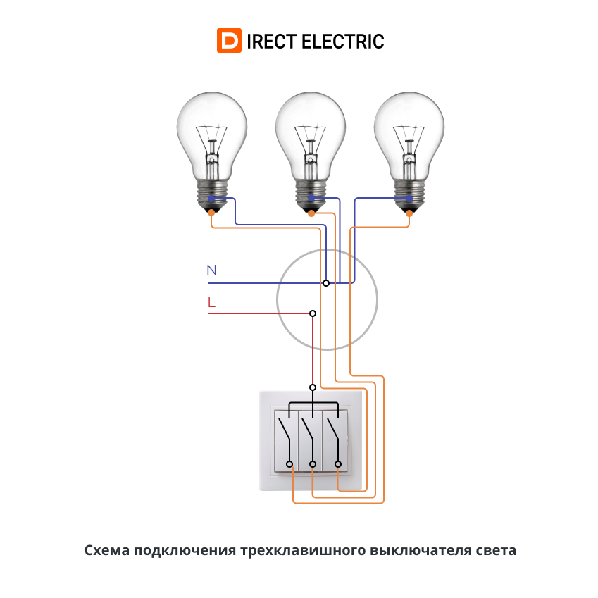 Подключение трехклавишного выключателя света схема Как подключить выключатель света - статьи компании "Директ Электрик"