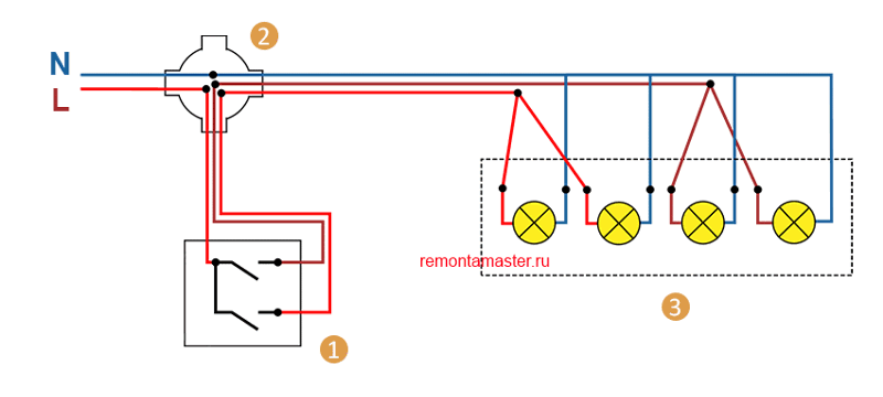 Подключение три лампочки с двойным выключателем Ответы Mail.ru: как подключить 4 лампы к двойному выключателю