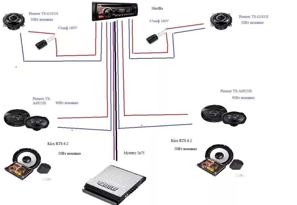 Подключение твитеров к магнитоле Схема всей аппаратуры 01.04.2015 - Volkswagen Passat B3, 1,8 л, 1990 года автозв