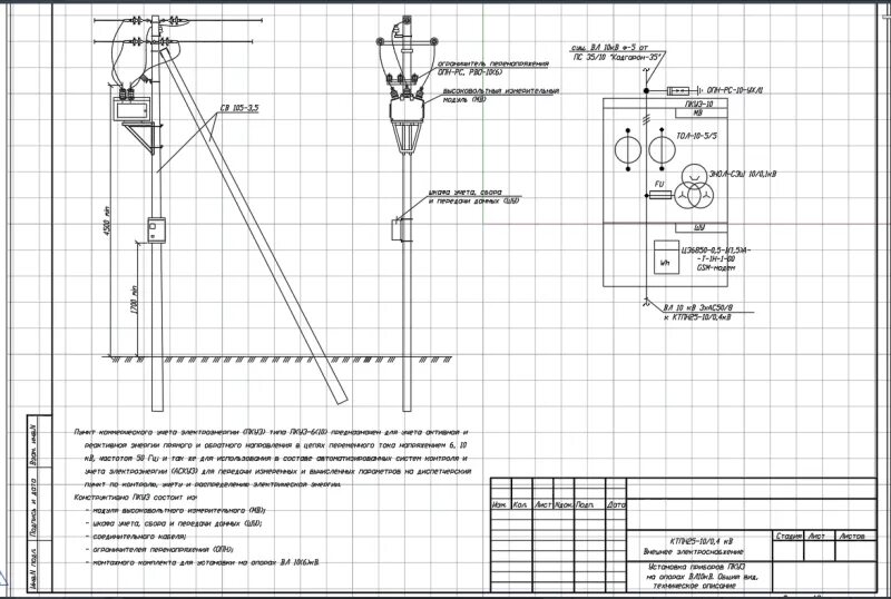 Подключение учета 10 кв Чертеж установки приборов ПКУЭ на опорах ВЛ 10 кВ для учета мощности и качества 