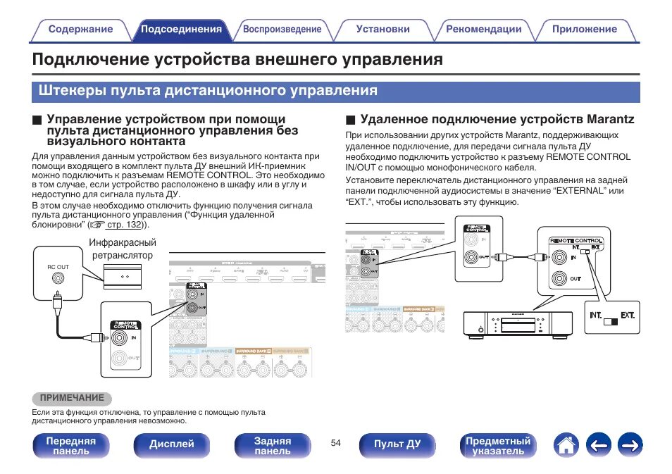 Подключение удаленное управление Подключение устройства внешнего управления, Штекеры пульта дистанционного управл