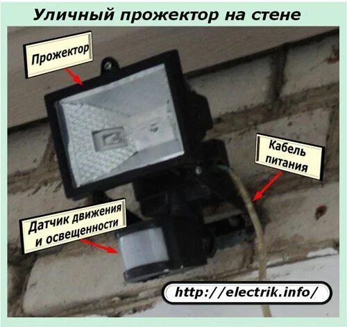 Подключение уличного прожектора через выключатель Уличный прожектор на стене Прожектор, Электрические розетки, Датчик движения