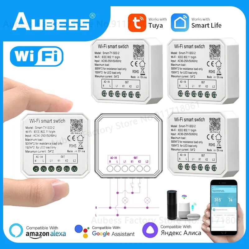 Подключение умного реле smart switch Aubess WiFi Tuya Smart Light Switch Mini Relay Module 1/2 Gang Via Smart Life Ap