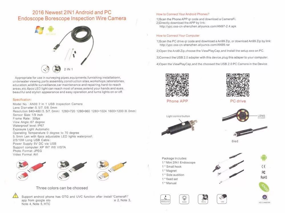 Подключение usb эндоскопа к компьютеру Source 2в1 AN99 2MP 8 мм IP67 водонепроницаемый смартфон Android эндоскоп on m.a