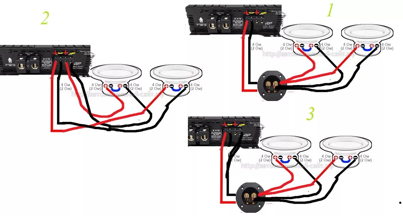 Подключение усилителя в 2 ома колонки Ответы Mail.ru: Привет подскажите по фото правильное подключение 2х савуферов в 