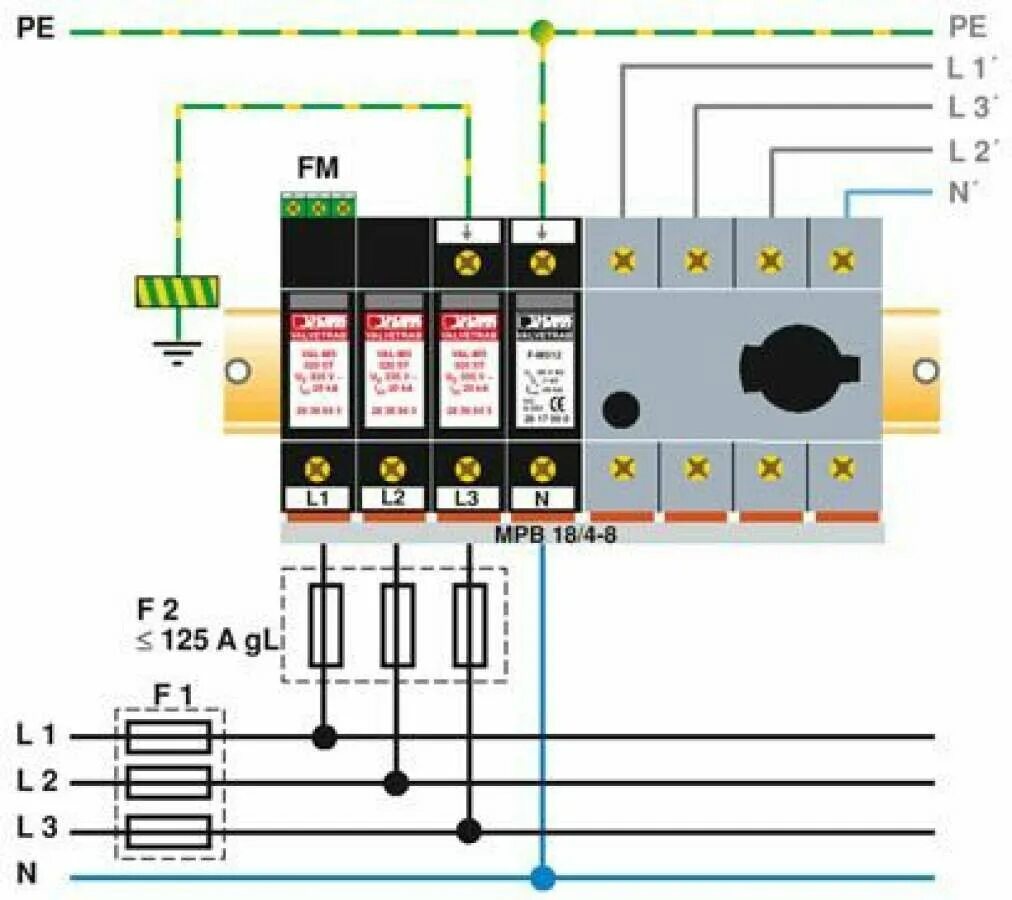 Подключение узип 3 в однофазной сети PHOENIX CONTACT - VAL-MS 320/3+1/FM Разрядник для защиты от импульсных перенапря
