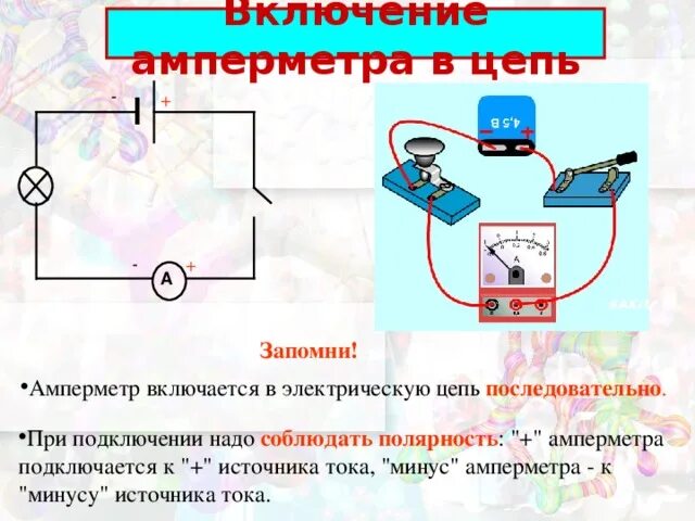 Подключение в электрическую цепь амперметра Презентация к уроку на тему "Сила тока. Измерение силы тока" - физика, презентац