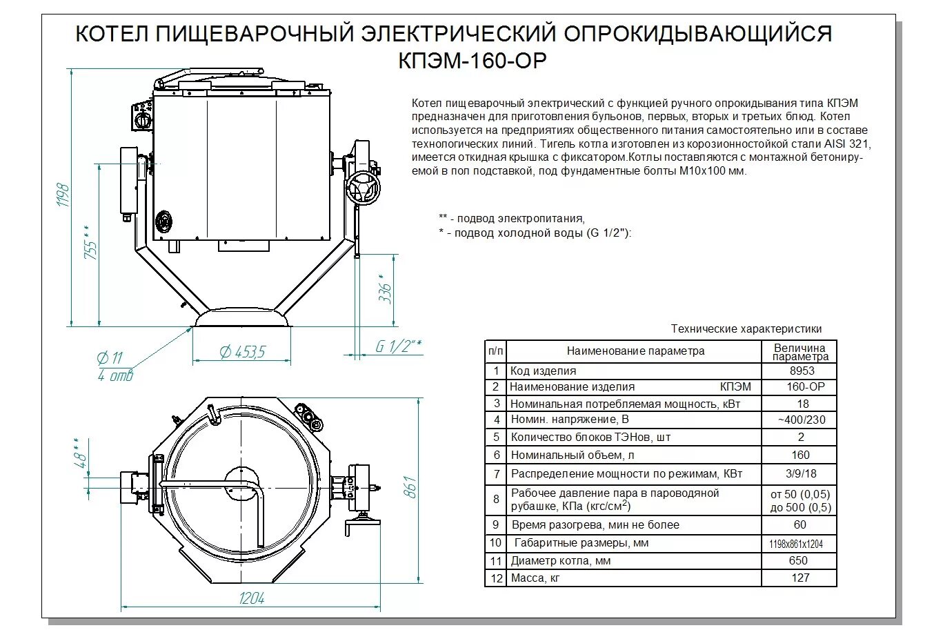 Подключение варочного котла Тепловое оборудование - Котел пищеварочный опрокидываемый