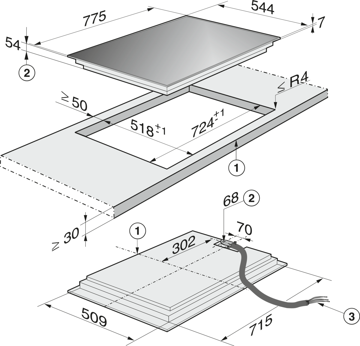 Подключение варочной панели в столешницу Miele - KM 5840 240V Stainless steel - Cooktops