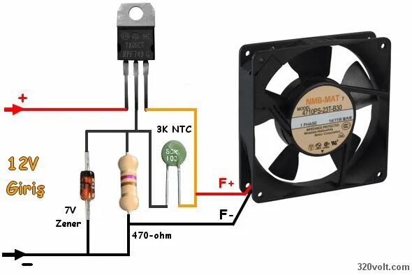 Подключение вентилятора через регулятор Regulator 7805 with Fan control 7805 fan regulator zener ntc Simple circuit proj