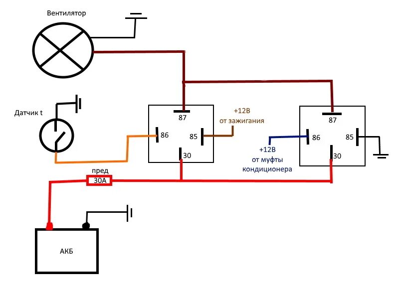 Подключение вентилятора через реле Схема подключения вентиляторов с дополнительным реле на кондиционер - Toyota Cha