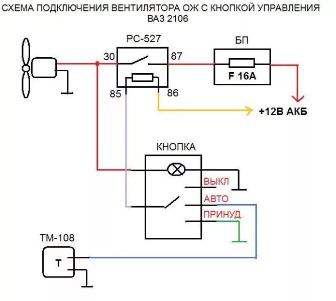 Подключение вентилятора через реле и кнопку Принудительное включение вентилятора системы охлаждения. - Lada 21074, 1,5 л, 20