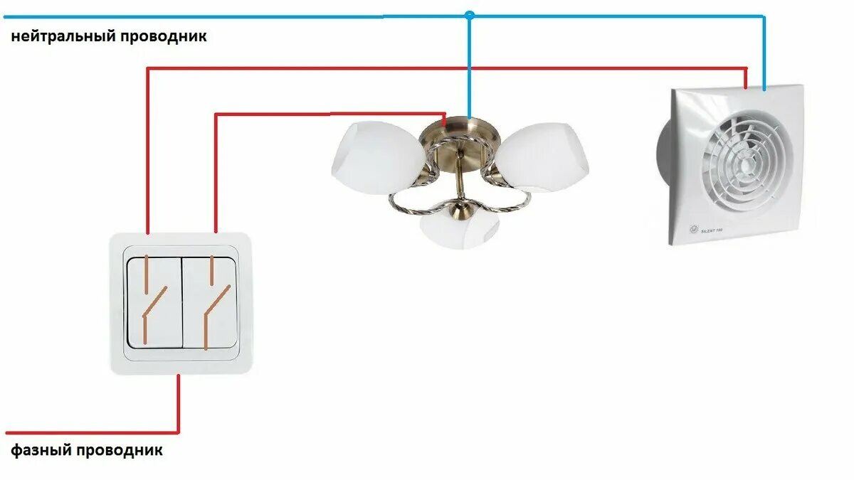 Подключение вентилятора через выключатель схема Как совместить люстру с вентилятором и светильниками, на 2-х клавишном выключате
