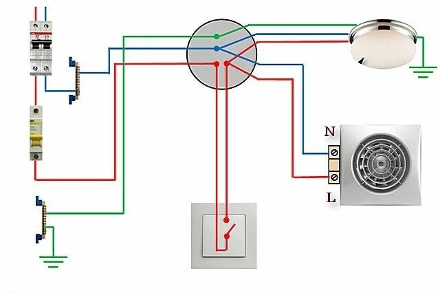 Подключение вентилятора к лампочке Подключение вытяжки в ванной к выключателю света: лучшие схемы и пошаговый инстр