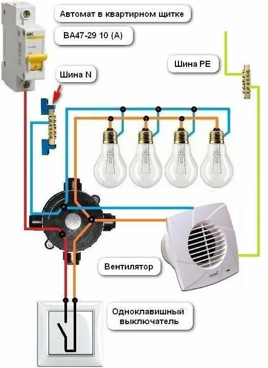 Подключение вентилятора к выключателю света Подключение вытяжки в ванной к выключателю света: лучшие схемы и пошаговый инстр