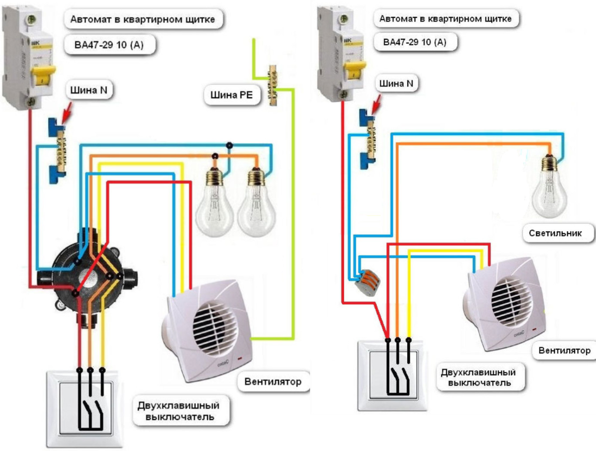 Подключение вентилятора в ванной через выключатель двухклавишный Подключаем вытяжку в ванную через выключатель правильно, рассматриваем ошибки и 