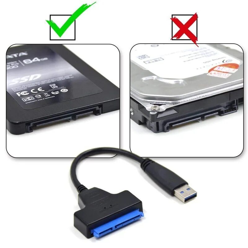 Подключение внешнего диска к компьютеру USB 3.0 to SATA Adapter Cable for 2.5 inch SSD/D Drives - SATA to USB 3.07357 eB