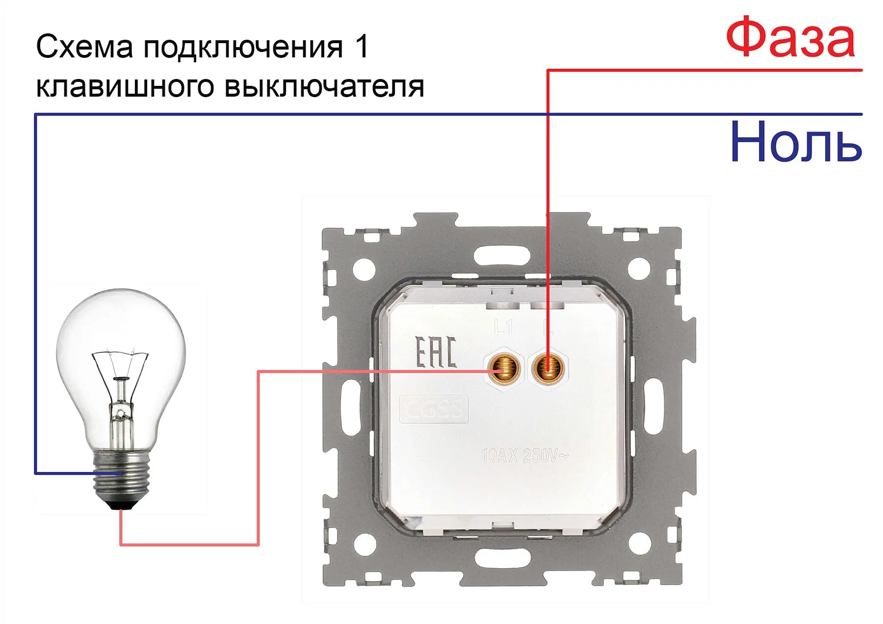 Подключение внутри выключателя Одноклавишный выключатель CGSS белый "Практика" PL-W101-WCG - выгодная цена, отз