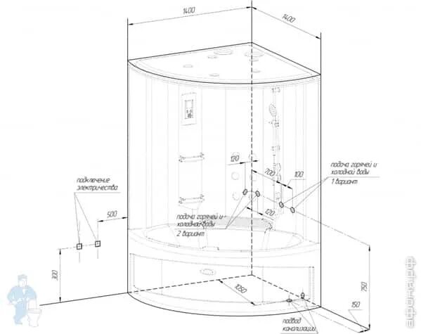 Подключение воды к душевой кабине в картинках Душевой бокс Радомир ДАНИЭЛА 2 (1400х1400х2300) ванна с г/м, стекло прозрачное/п