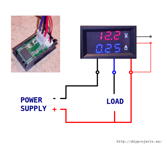 Подключение вольтамперметра к блоку Wiring volt-ammeter without external power supply for chip Electronics projects 