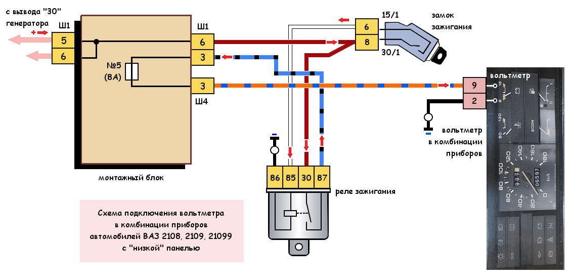 Подключение вольтметра ваз Как подключен вольтметр на автомобиле ВАЗ 2108, 2109, 21099?