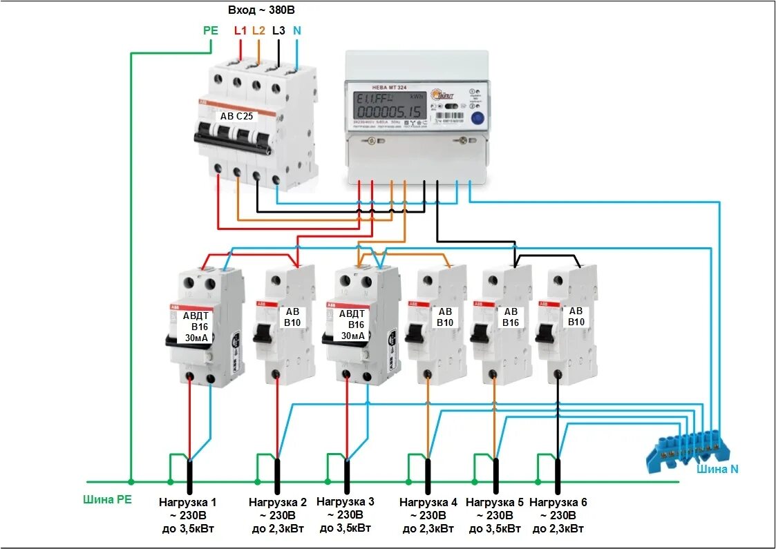 Подключение вводного автомата 380 Схема сборки электрощита для частного дома HeatProf.ru