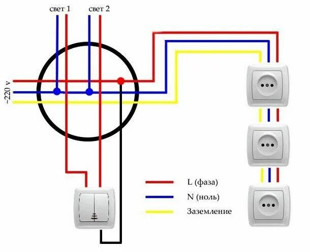 Подключение выключателей розеток в доме Схема электропроводки две розетки два светильника