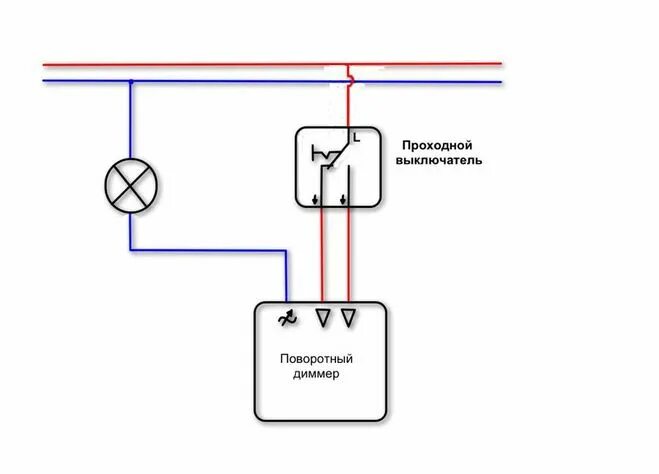 Подключение выключателя без фиксации Как выглядит схема сборки диммера, как проходного выключателя?