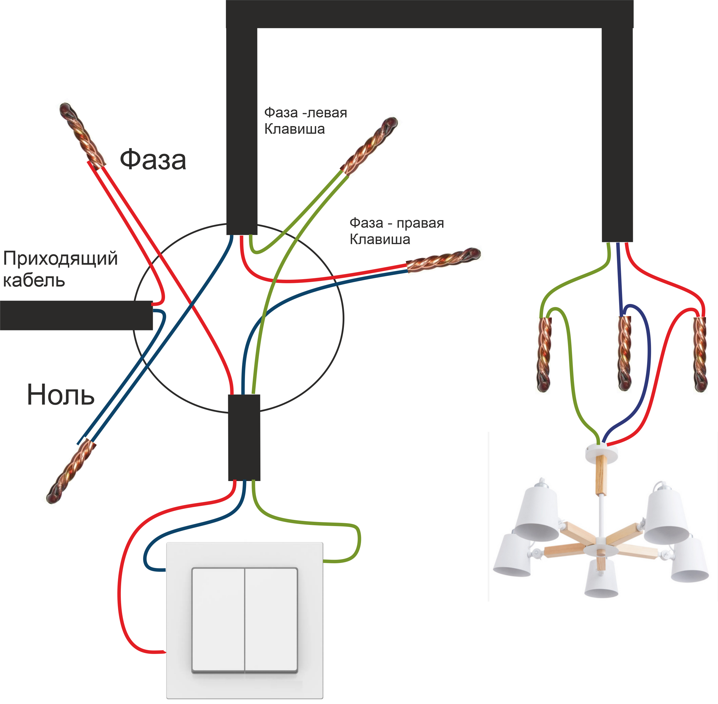 Подключение выключателя без распред коробки Схема проводов в коробке на