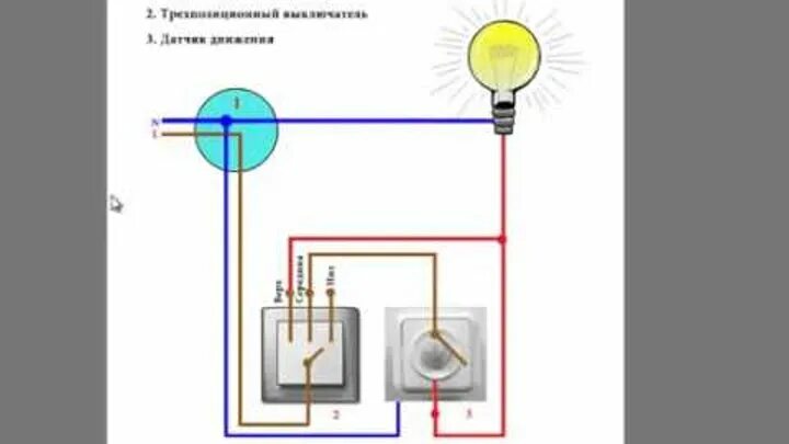 Подключение выключателя и датчика движения одновременно Смотрите видео "Cхема подключения датчика движения" в ОК. Плеер Видео