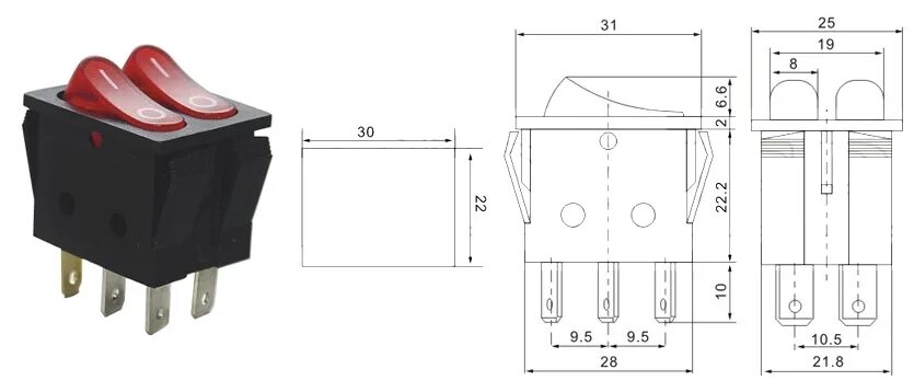 Подключение выключателя kcd3 Выключатель OFF-ON RWB-510-N (KCD3-301-3C) neon 15A/250V 6c -красный- купить нед