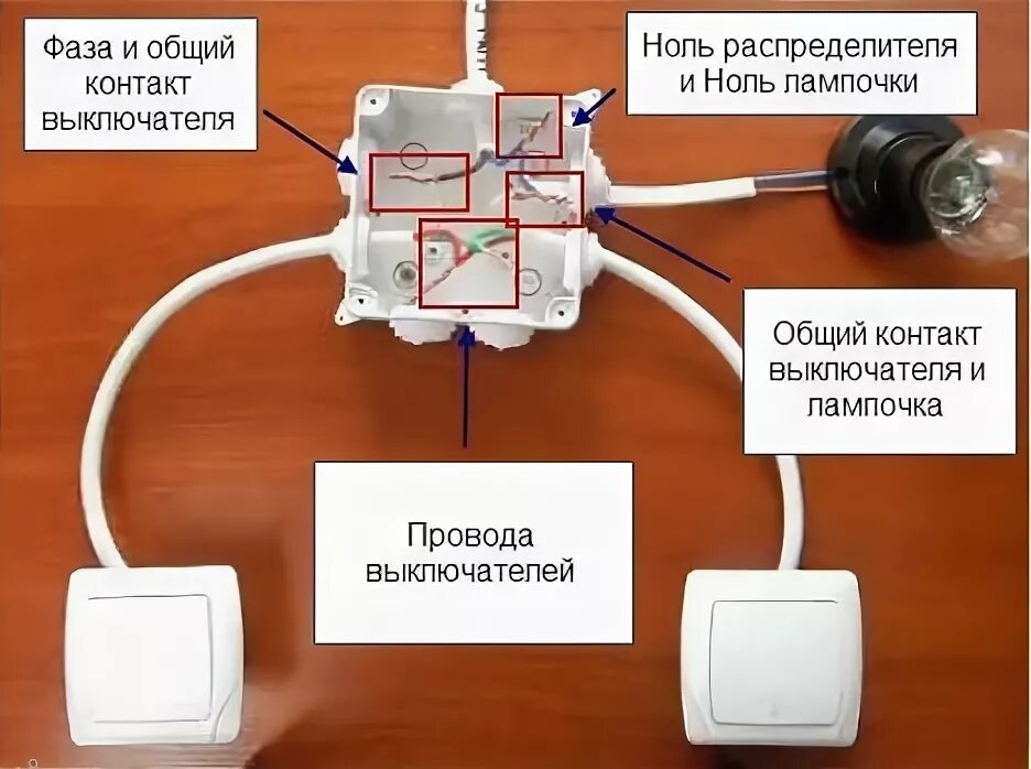 Подключение выключателя с распаечной коробкой Схемы подключения переключателей освещения