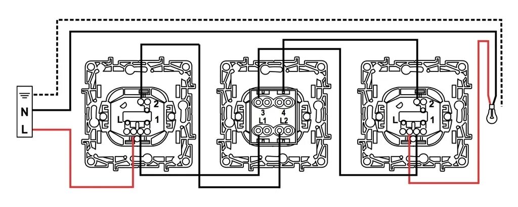 Подключение выключателя с трех мест Схема подключения проходного выключателя Schneider
