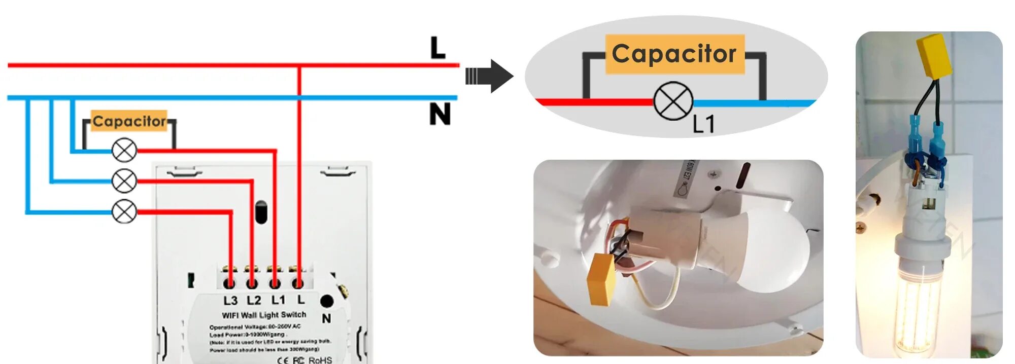Подключение выключателя света с конденсатором Настенный сенсорный выключатель Wi-Fi, без нейтрального провода, с нейтральным п