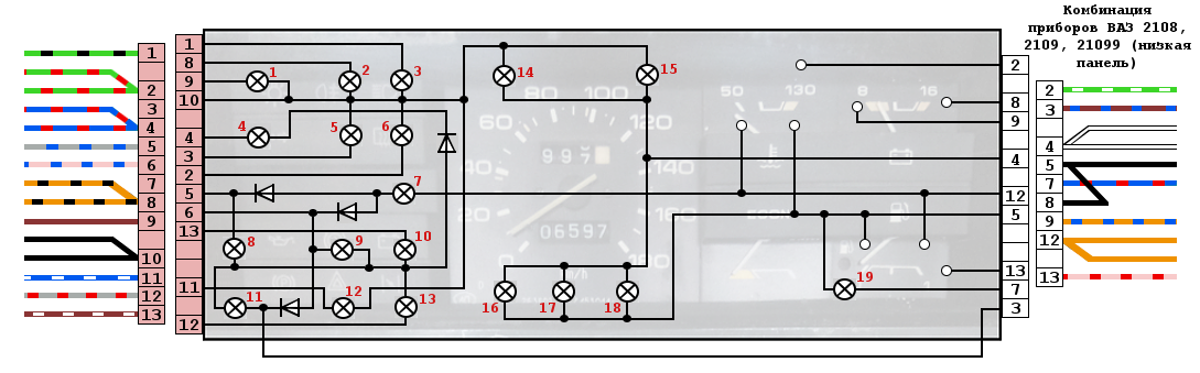 Подключение высокой панели ваз 2109 Распиновка комбинации приборов ВАЗ 2109 (низкая панель)