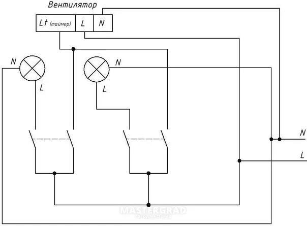 Подключение вытяжного вентилятора к двум выключателям All right. Can someone give a detailed diagram of connecting a fan with a timer 