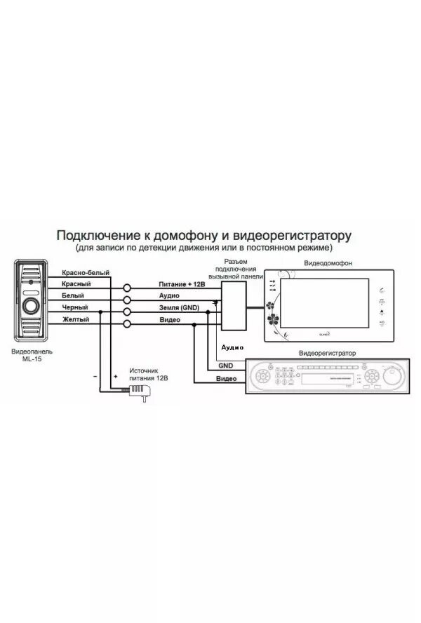 Подключение вызывной панели к видеорегистратору AVC-305 (PAL) медь