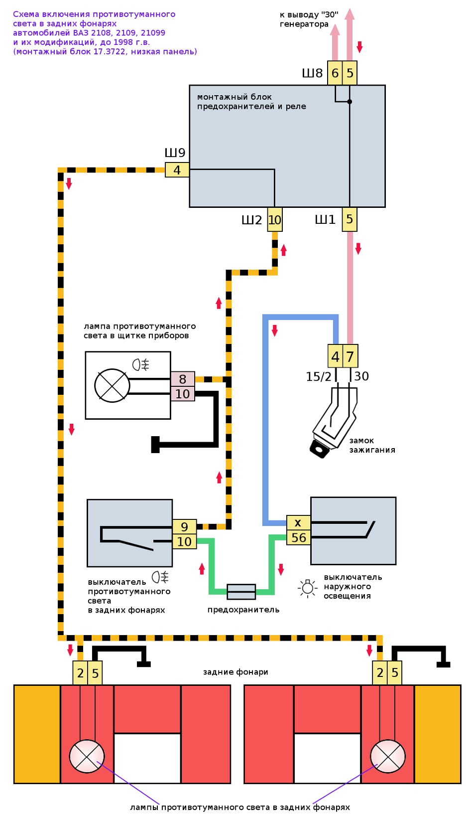 Подключение задних фонарей ваз 2108 Схема включения противотуманного света в задних фонарях ВАЗ 2108, 2109