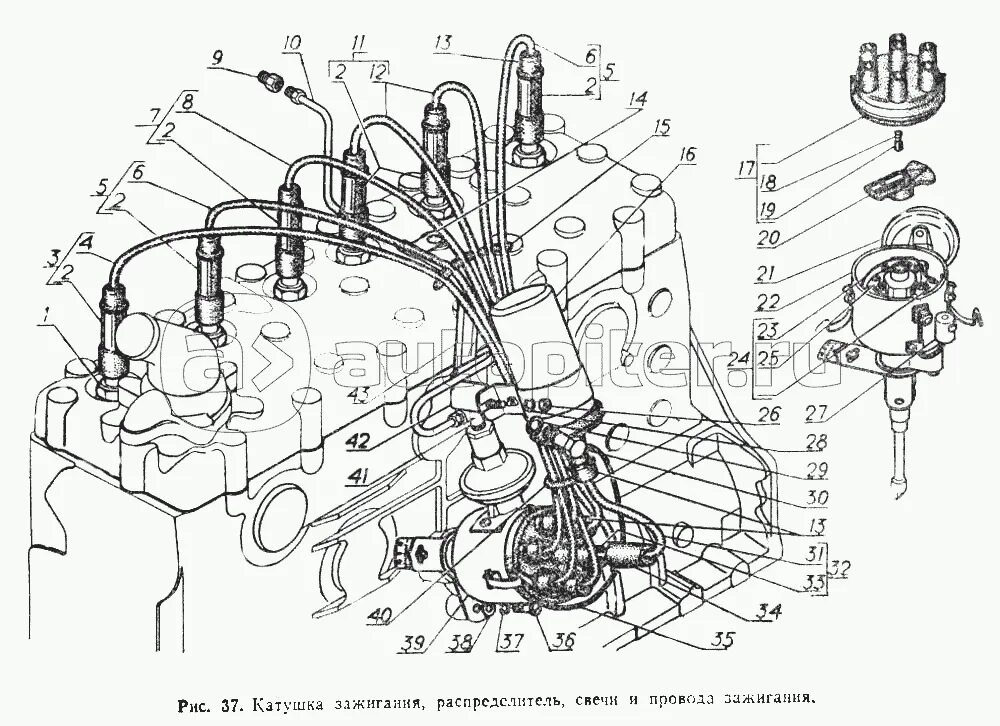 Подключение зажигания газ 52 схема подключения Катушка зажигания, распределитель, свечи и провода зажигания ГАЗ-52-02 - купить,