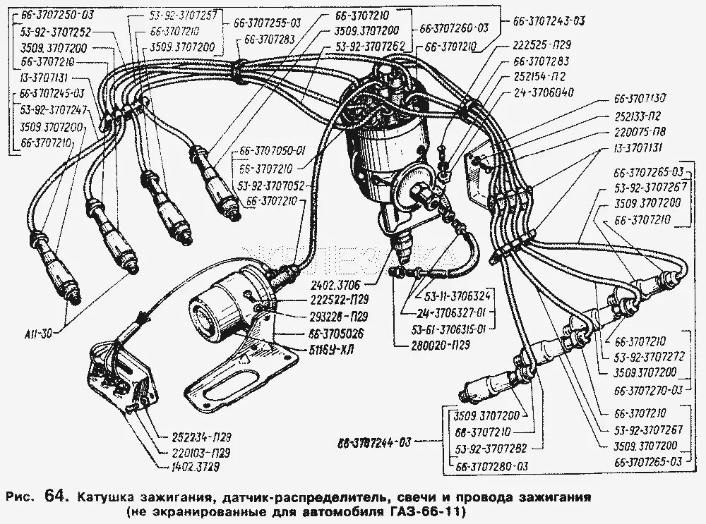 Подключение зажигания газ 66 Катушка зажигания, датчик-распределитель, свечи и провода зажигания (не экраниро