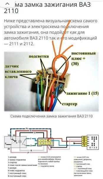 Подключение зажигания на ваз 2110 Замок зажигания ока схема подключения проводов