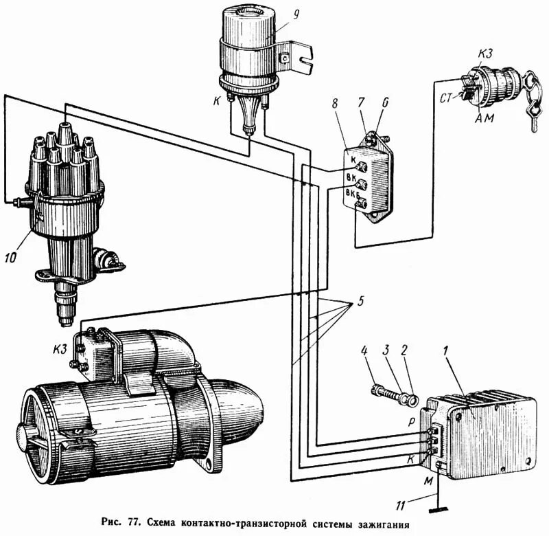 Подключение зажигания зил 130 схема Схема контактно-транзисторной системы зажигания КАЗ 608 (Чертеж № 69: список дет
